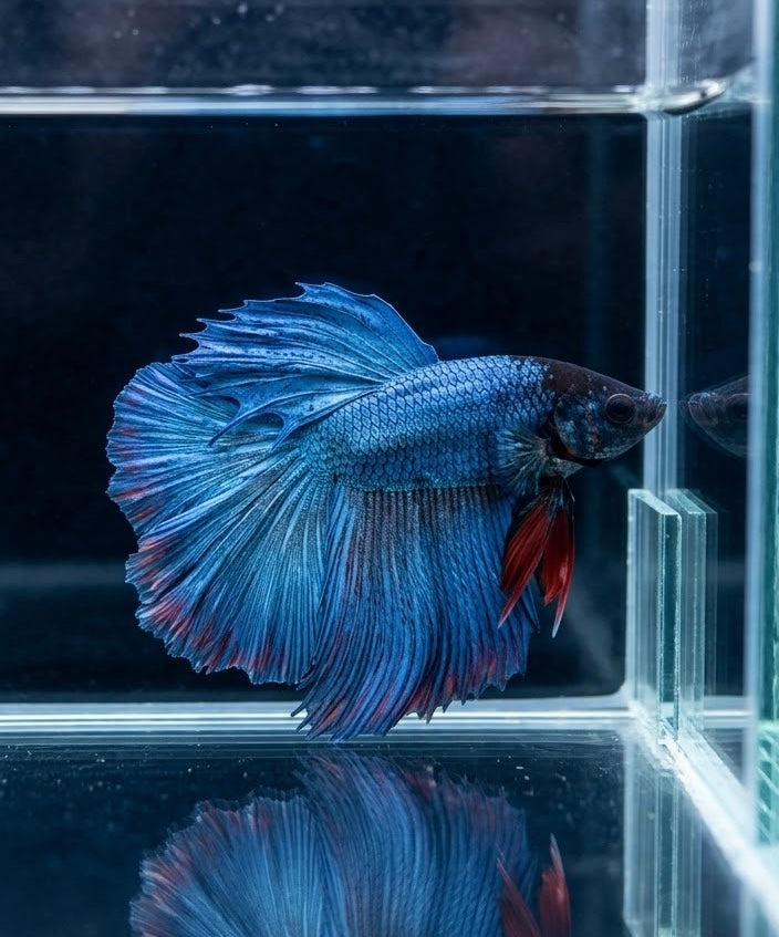 Male Steel Blue & Red Halfmoon Betta Fish